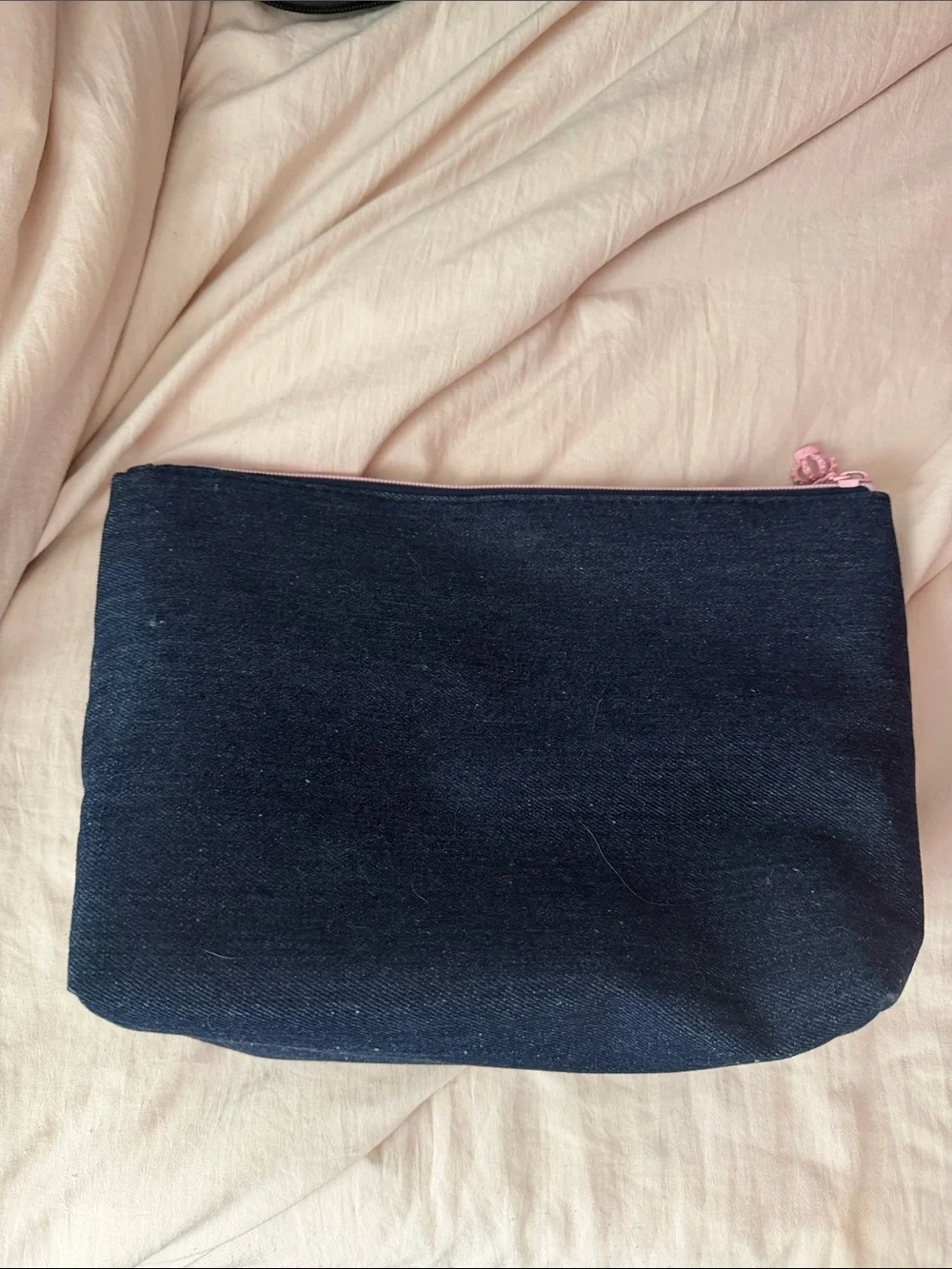 Juicy Couture Black Denim Cosmetic Pouch with Pink & Green Rhinestone Logo